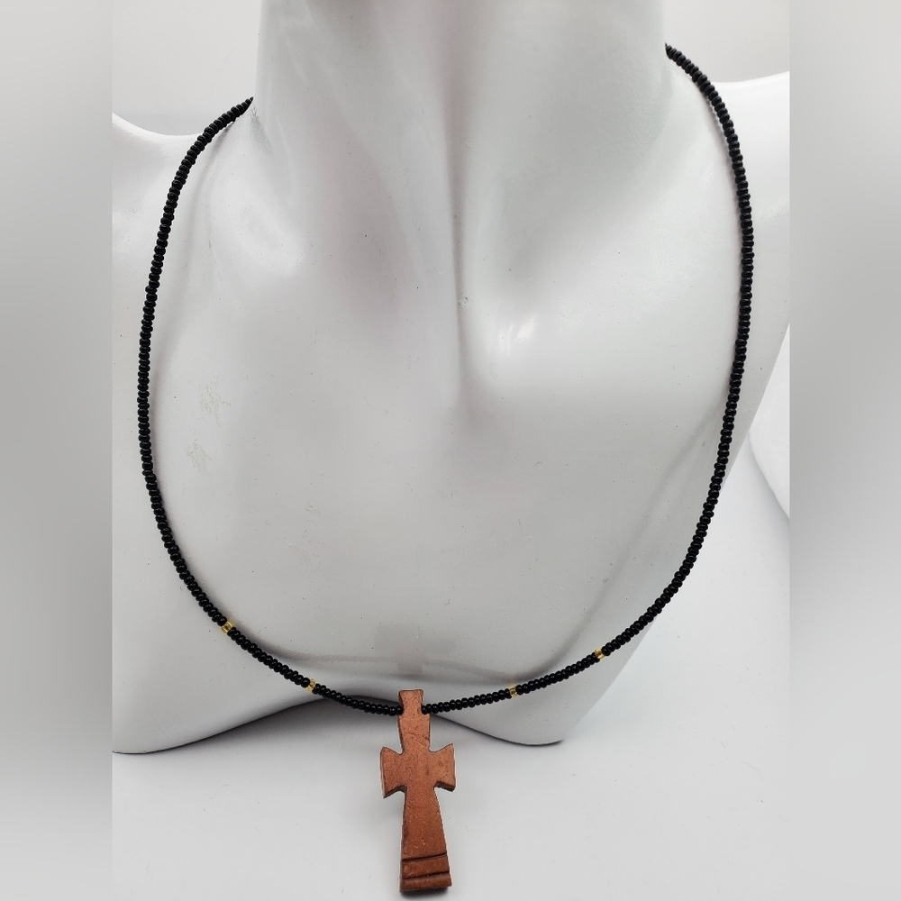 Wooden Religious cross mini seed beaded heishi spacer necklace N2302